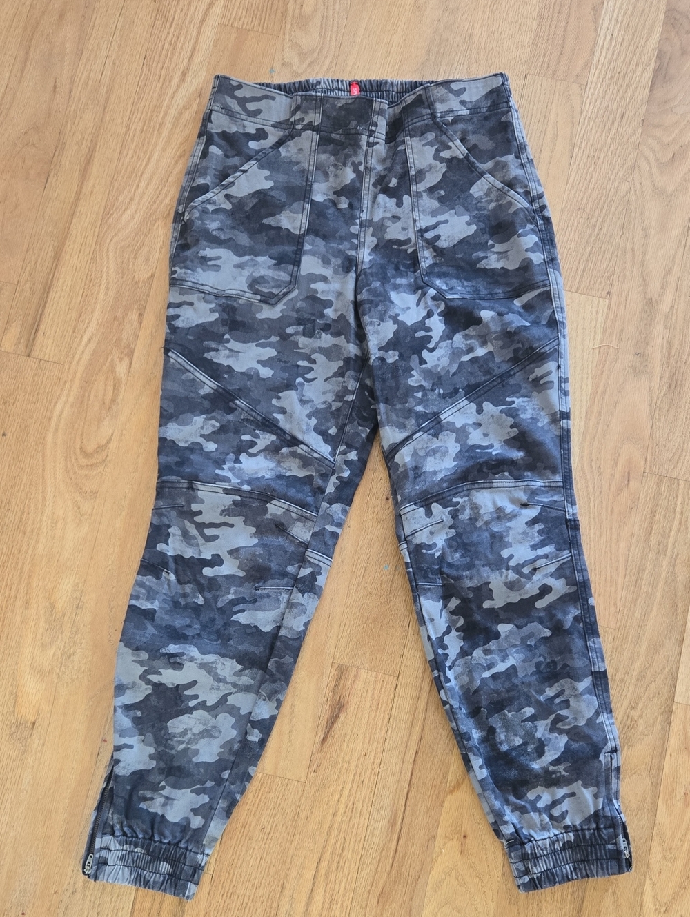 Spanx Stretch Twill Cargo Joggers in a Black Wash Camo